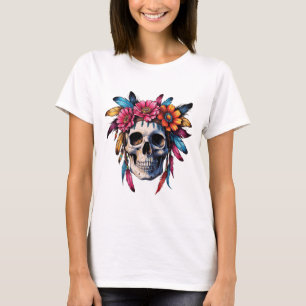 Boho Colourful Skull with Flowers and Flowers T-Shirt