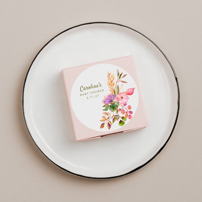 Boho Colourful Watercolor Floral Baby Shower Custo Classic Round Sticker (Creator Uploaded)