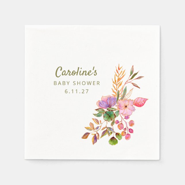 Boho Colourful Watercolor Floral Baby Shower Custo Napkin (Front)