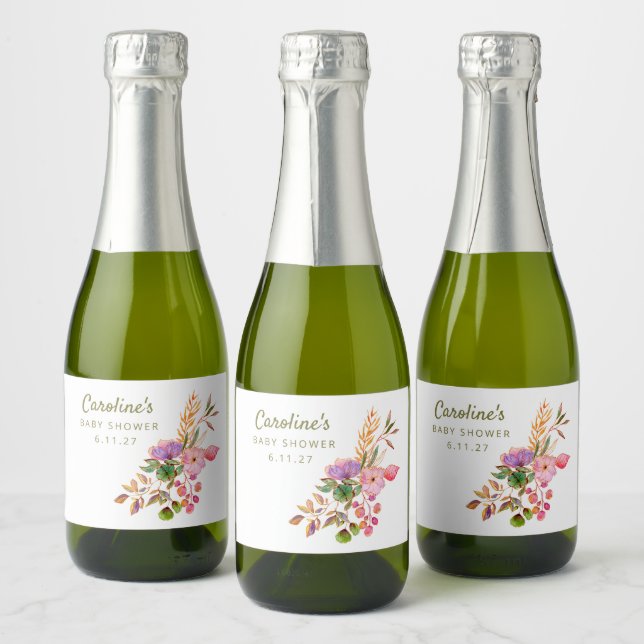 Boho Colourful Watercolor Floral Baby Shower Custo Sparkling Wine Label (Bottles)