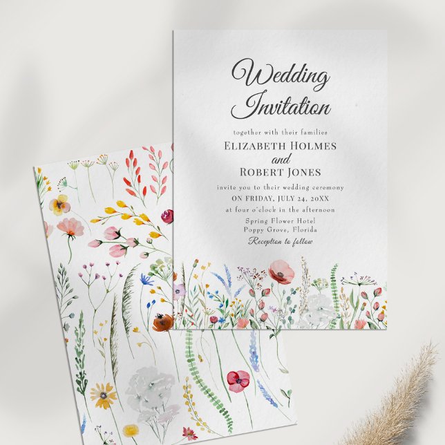 Boho Colourful Wildflower Meadow Wedding Invitatio Invitation (Boho Colorful Wildflower Meadow Wedding Invitation on a white table.)