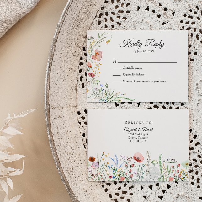 Boho Colourful Wildflower Meadow Wedding RSVP Card (Boho Colorful Wildflower Meadow Wedding RSVP Card on a neutral boho wedding table.)