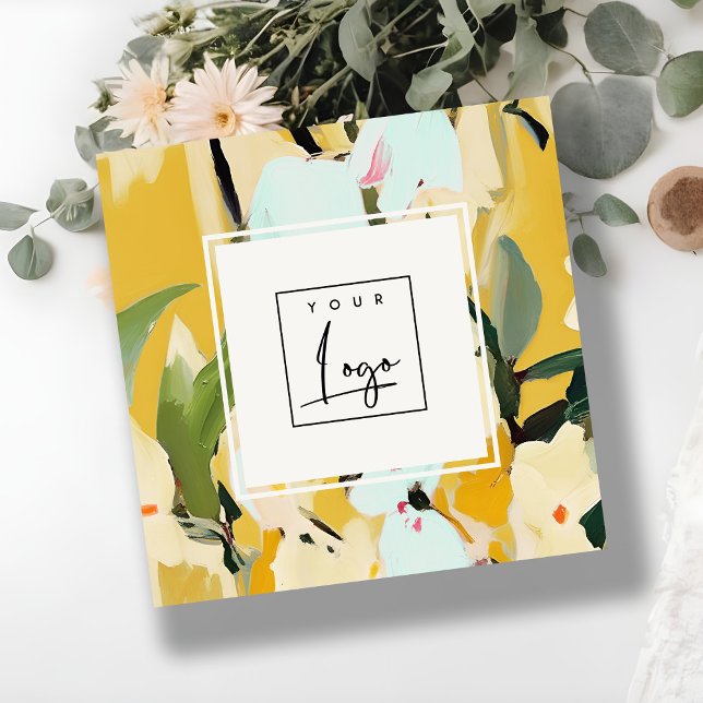 Boho Colourful Yellow Ochre Painted Floral Logo Square Business Card (Creator Uploaded)