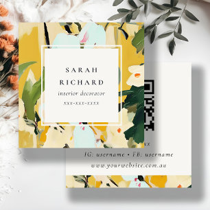 Boho Colourful Yellow Ochre Painted Floral QR Code Square Business Card
