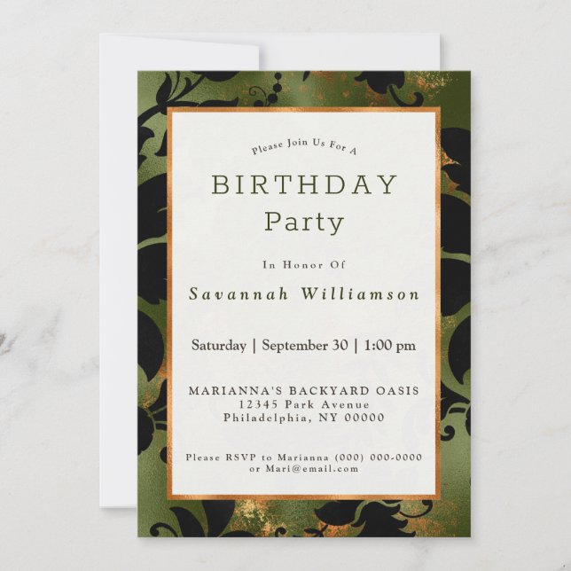 Boho Copper Black Green Floral Birthday Invitation (Front)