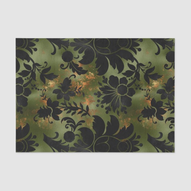 Boho Copper Black Green Floral Tissue Paper (Front)
