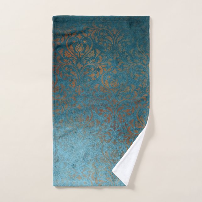 Boho Copper Blue Damask Grunge Hand Towel (Hand Towel)