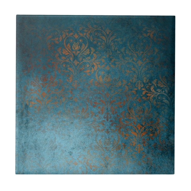 Boho Copper Blue Damask Grunge Tile (Front)