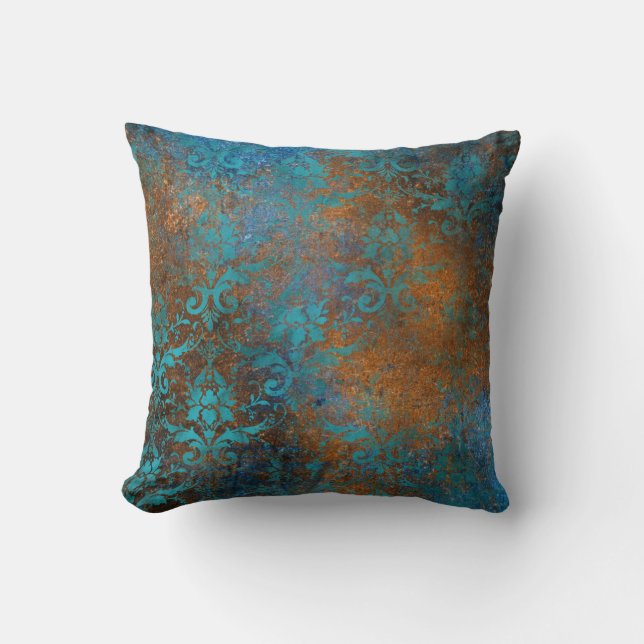 Boho Copper Blue Floral Damask Grunge Cushion (Front)