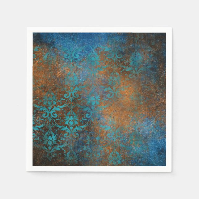 Boho Copper Blue Floral Damask Grunge Napkin (Front)
