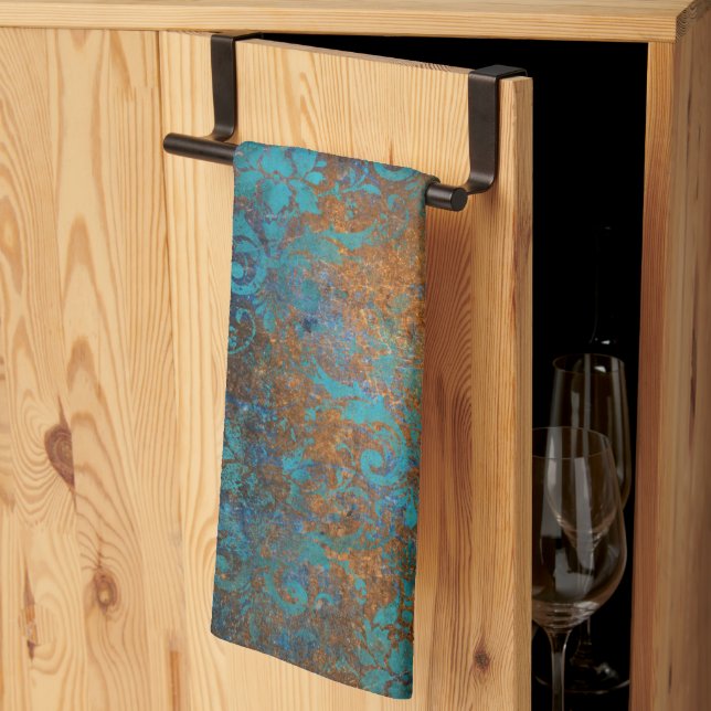 Boho Copper Blue Floral Damask Grunge Tea Towel (Thirds Fold)