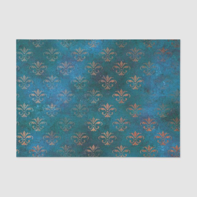 Boho Copper Blue Grunge Heraldic Floral Tissue Paper (Front)