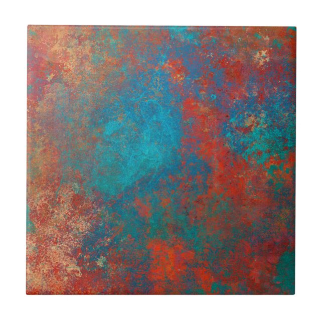Boho Copper Blue Orange Red Grunge Tile (Front)
