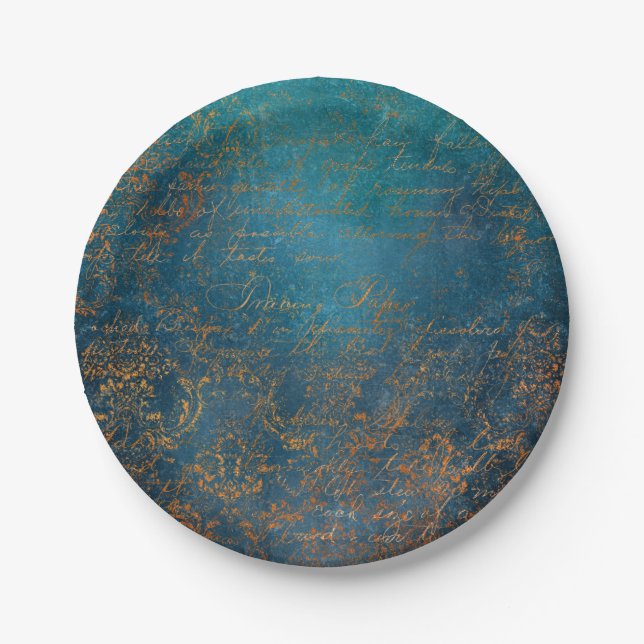 Boho Copper Blue Script Handwriting Grunge Paper Plate (Front)