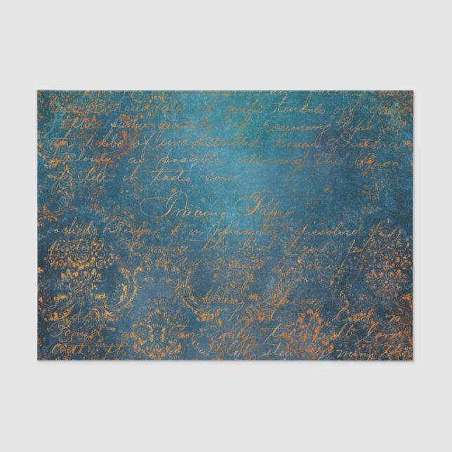 Boho Copper Blue Script Handwriting Grunge Tissue Paper (Front)