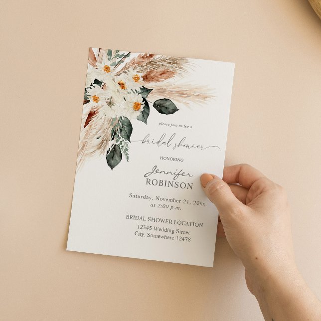 Boho Copper Pampas & Beige Floral 3 Bridal Shower  Invitation (Creator Uploaded)