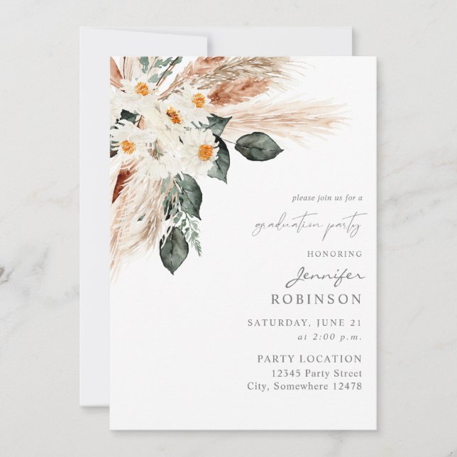 Boho Copper Pampas & Beige Floral Graduation Party Invitation (Front)