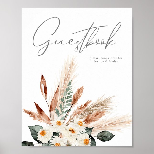 Boho Copper Pampas Beige Floral Guestbook Sign (Front)