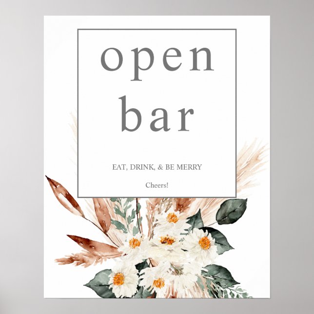 Boho Copper Pampas & Beige Floral Open Bar Sign 1 (Front)