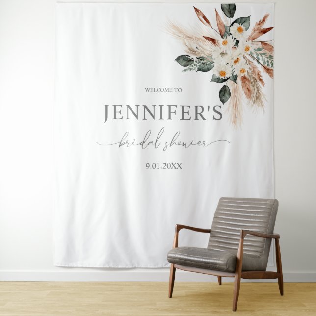 Boho Copper Pampas & Floral Bridal Shower or Party Tapestry (In Situ)