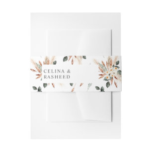 Boho Copper Pampas Grass & Beige Floral Invitation Belly Band