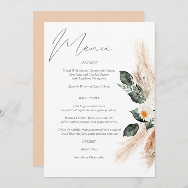 Boho Copper Pampas Grass & Beige Floral Menu Invit Invitation (Front/Back)