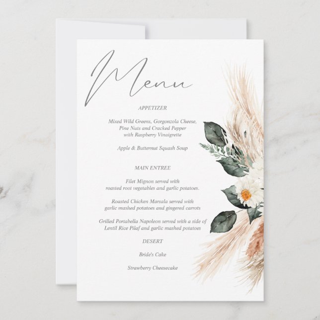 Boho Copper Pampas Grass & Beige Floral Menu Invitation (Front)