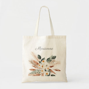 Boho Copper Pampas Grass & Beige Floral & Name Tote Bag