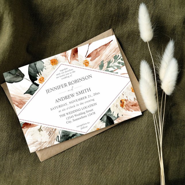 Boho Copper Pampas Grass & Beige Floral Wedding Invitation (Creator Uploaded)