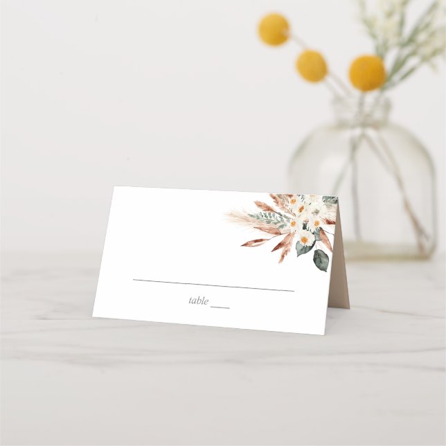 Boho Copper Pampas Grass & Beige Floral - White Place Card (Front)