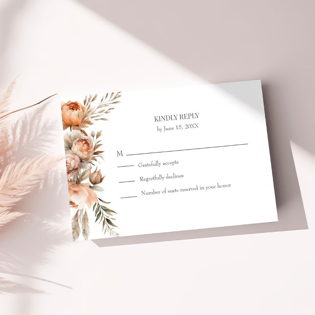Boho Coral and Peach Dry Flower Wedding RSVP Card (Boho Coral and Peach Dry Flower Wedding RSVP Cardon a sunny table with pastel dry botanicals)