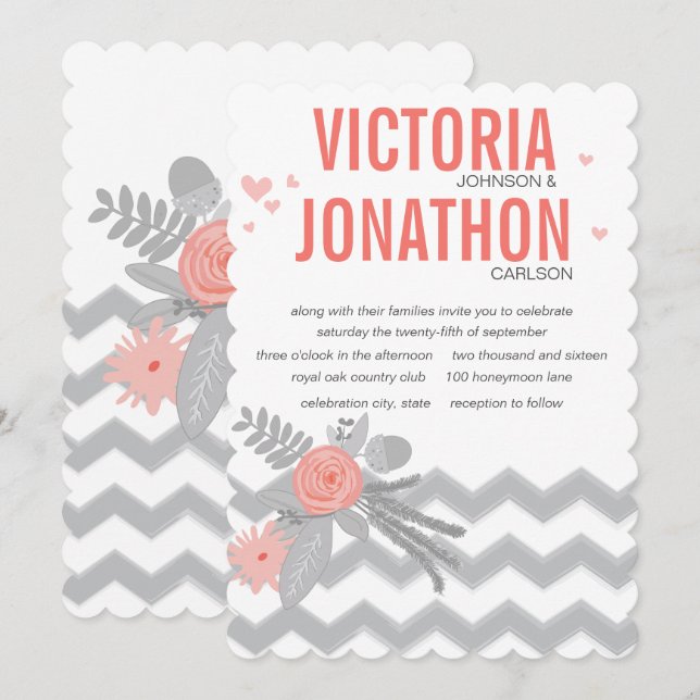 Boho Coral Navy Grey Chevron Typography Wedding Invitation (Front/Back)