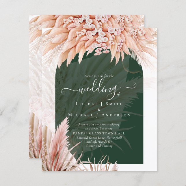 Boho Coral Pampas Grass Green Wedding (Front/Back)