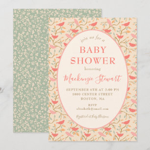 Boho Coral Pink Cute Whimsical Birds Baby Shower Invitation