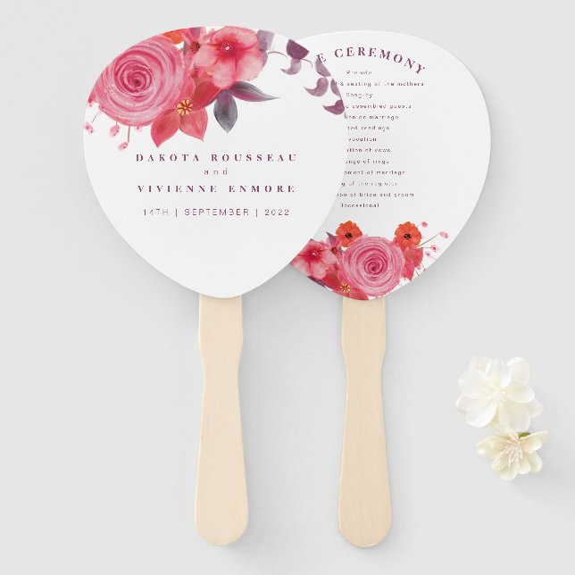Boho coral rose bouquet wedding program hand fan (Front and Back)