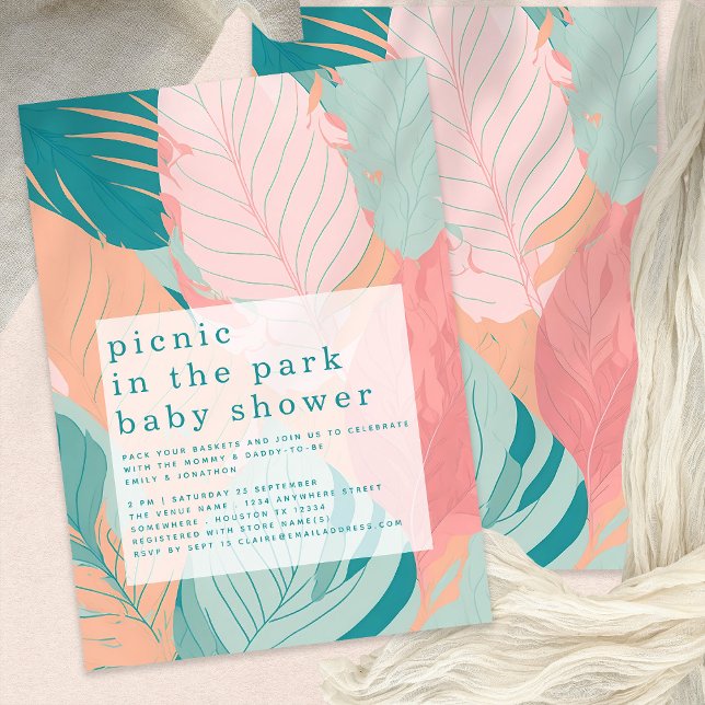 Boho Coral Teal Leaves Picnic in Park Baby Shower Invitation (Creator Uploaded)