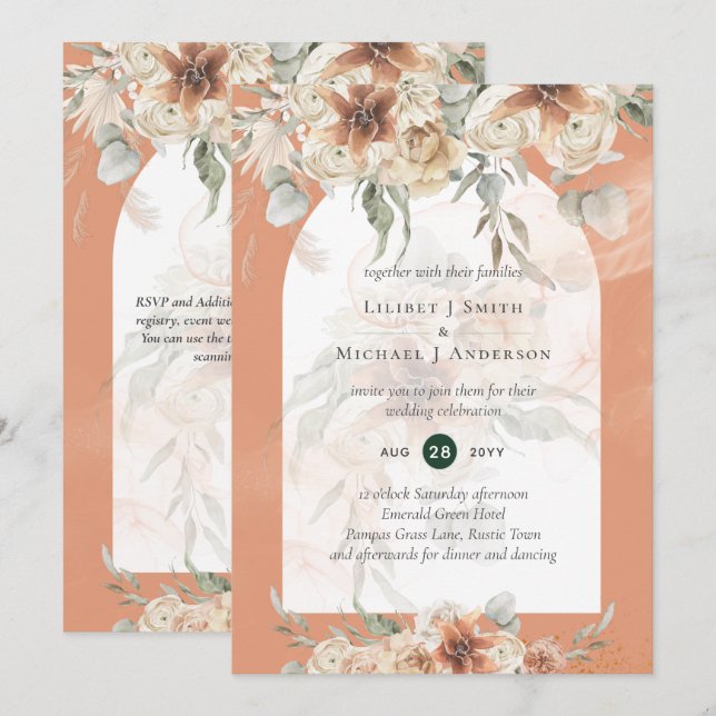 Boho Coral Terracotta Pampas Grass Wedding Invitation (Front/Back)