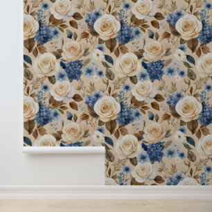 Boho Cottage Core White Roses Blue Floral Wallpaper