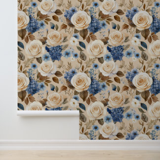 Boho Cottage Core White Roses Blue Floral Wallpaper