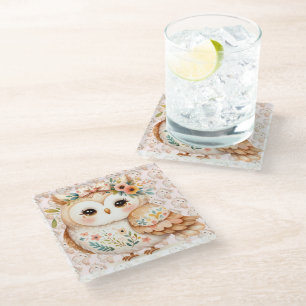 Boho Cottagecore Owl Floral Farmcore Charm Glass Coaster