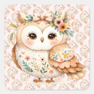 Boho Cottagecore Owl Floral Farmcore Charm Square Sticker