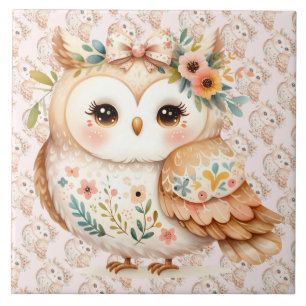 Boho Cottagecore Owl Floral Farmcore Charm Tile