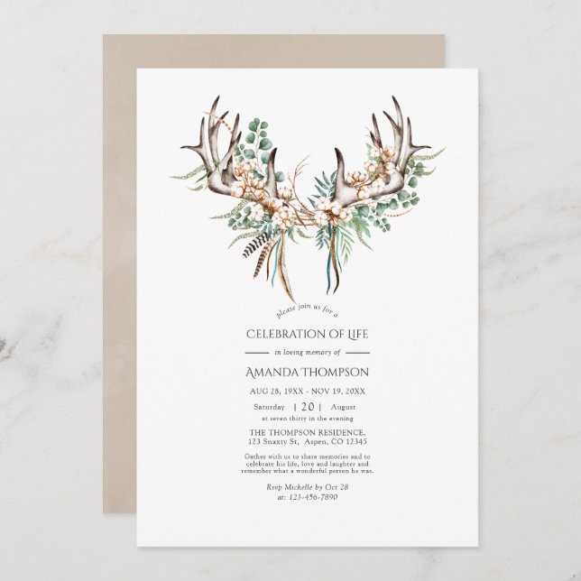 Boho Cotton and Eucalyptus Celebration of Life Invitation (Front/Back)