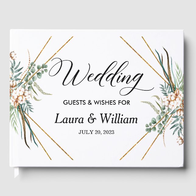 Boho Cotton Greenery Glitter Frame Script Wedding Guest Book (Front)