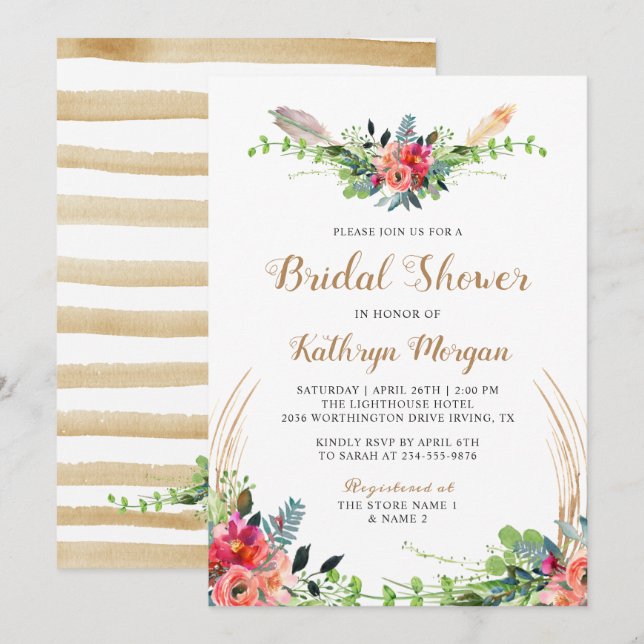Boho Country Floral Watercolor Arrow Bridal Shower Invitation (Front/Back)