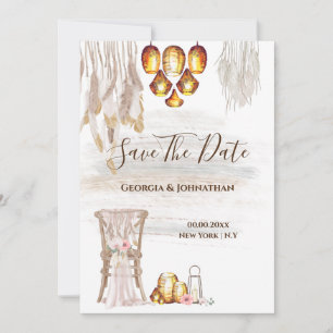Boho country macrame string lights feather lantern save the date