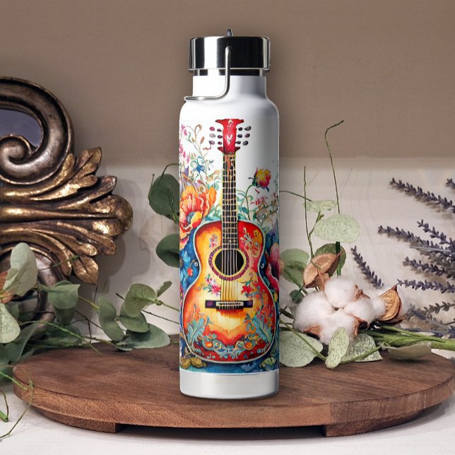 Boho Country Western Floral Guitar Add Name Water Bottle (Creator Uploaded)