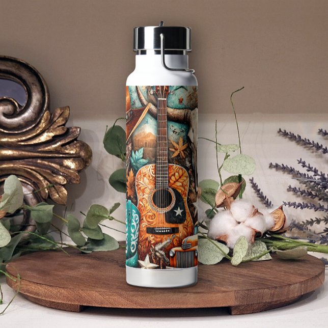 Boho Country Western Guitar Cowgirl  Water Bottle (Creator Uploaded)
