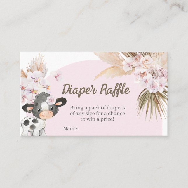 Boho Cow Baby Shower Diaper Raffle Business Card (Front)