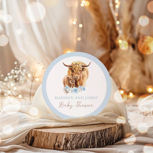 Boho Cow Blue Pampas Grass Boy Baby Shower Favours Classic Round Sticker